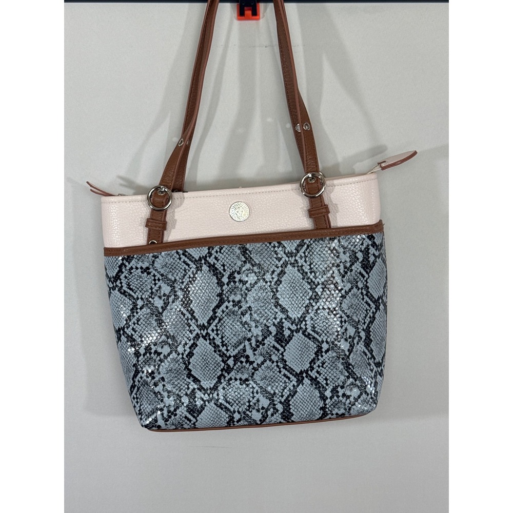 Anne Klein Blue Snakeskin Tote Bag Cream Brown Trim Medium Shoulder Handbag